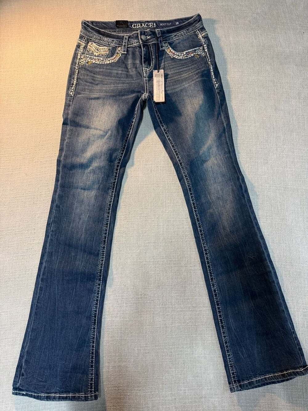Grace in LA Bootcut w/Crystallized Denim Jeans JB-51518 Size 28 New with Tags